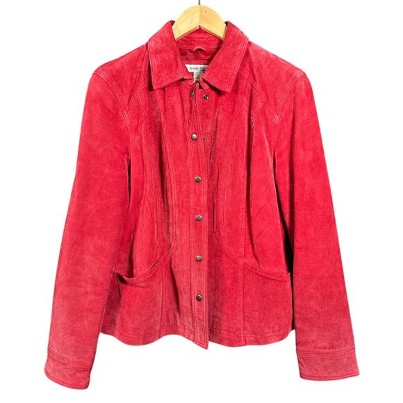Coldwater Creek Leather Jacket Women’s M Coral Red Suede Snap Front Western Boho - Picture 1 of 4